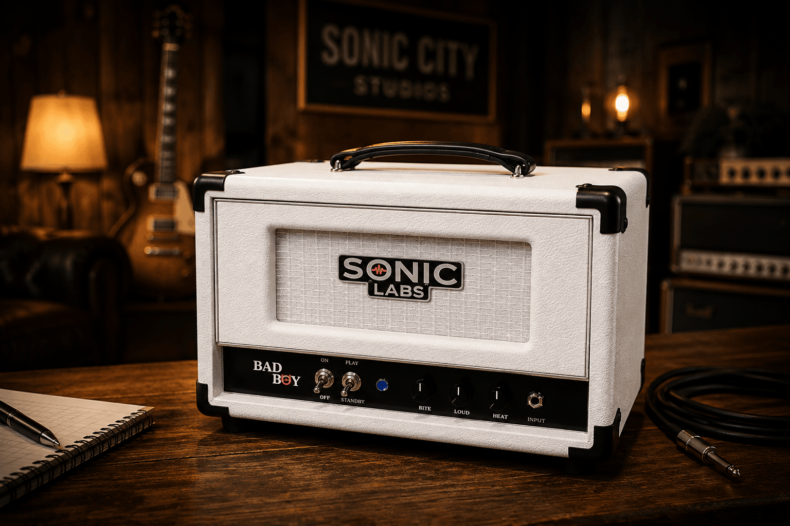 Sonic Labs Bad Boy amplifier head in white tolex