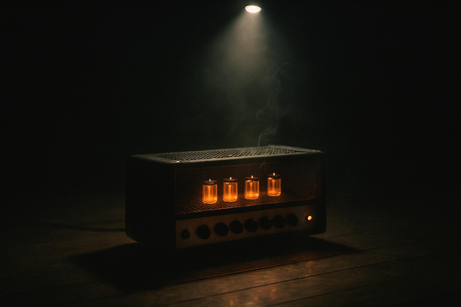 A boutique tube amplifier head glowing in a dark studio, amber tubes illuminated under a single spotlight with smoke and deep shadows