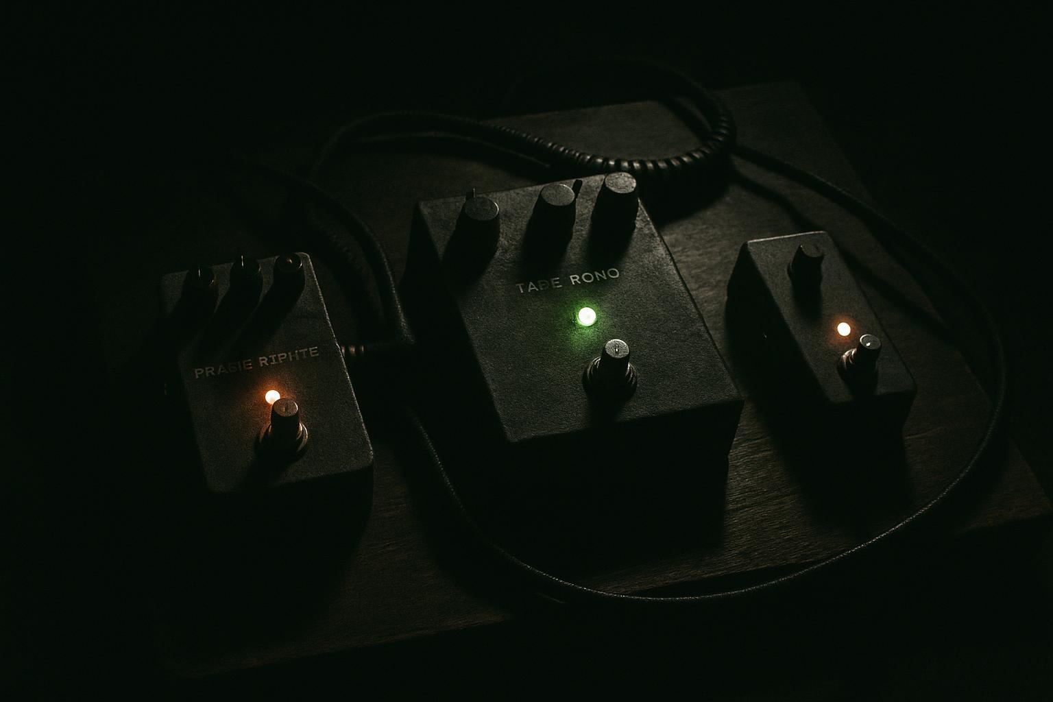 Vintage analog effects pedals on a worn wooden pedalboard, glowing in dramatic shadow with amber and green indicator lights