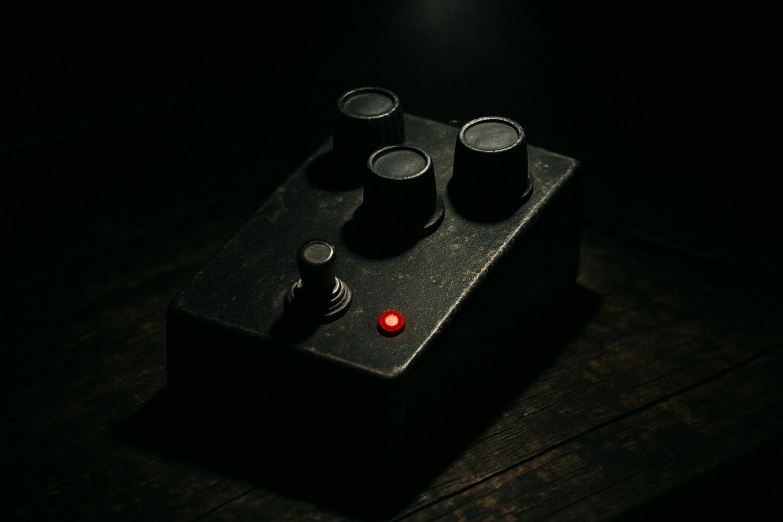 A vintage fuzz pedal bathed in a single spotlight on a dark wooden surface, glowing red indicator light, deep shadows and film grain