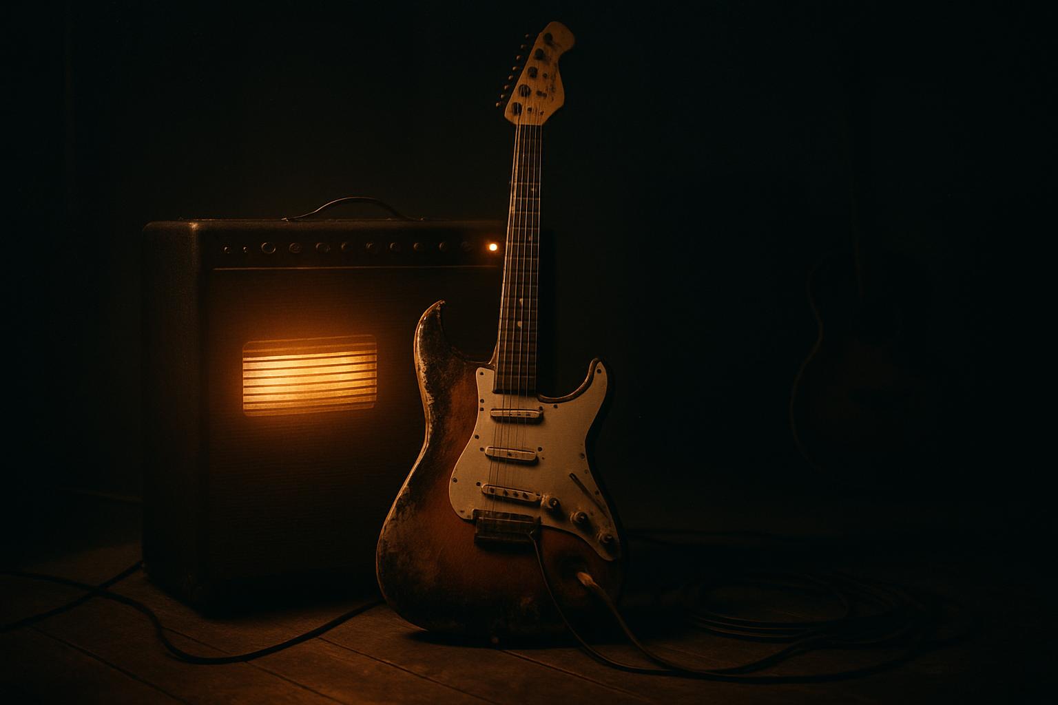 A vintage electric guitar resting against a glowing tube amplifier in a dark studio, with an unfamiliar stringed instrument in shadow nearby